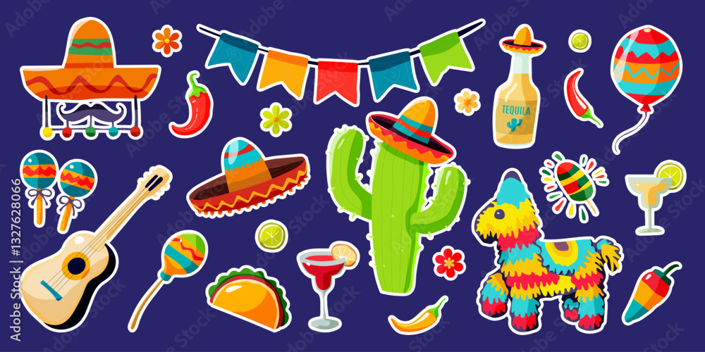 Naklejka premium A collection of Mexican themed stickers including a guitar, a cactus, a piñata, and a margarita glass