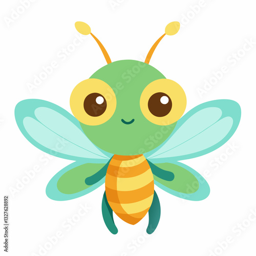 a cute cartoon image of a charming green insect with large eyes and beautiful wings