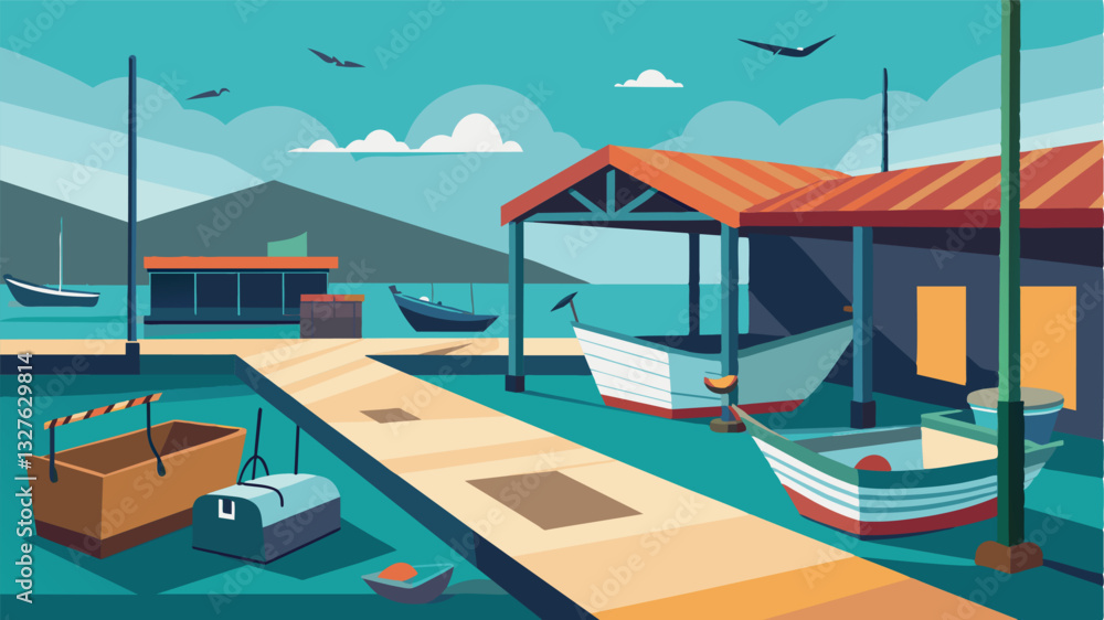 Fototapeta premium The once vibrant fish market now stands eerily quiet with empty stalls and abandoned boats a stark reminder of the fishing restrictions imposed upon the town.. Vector illustration