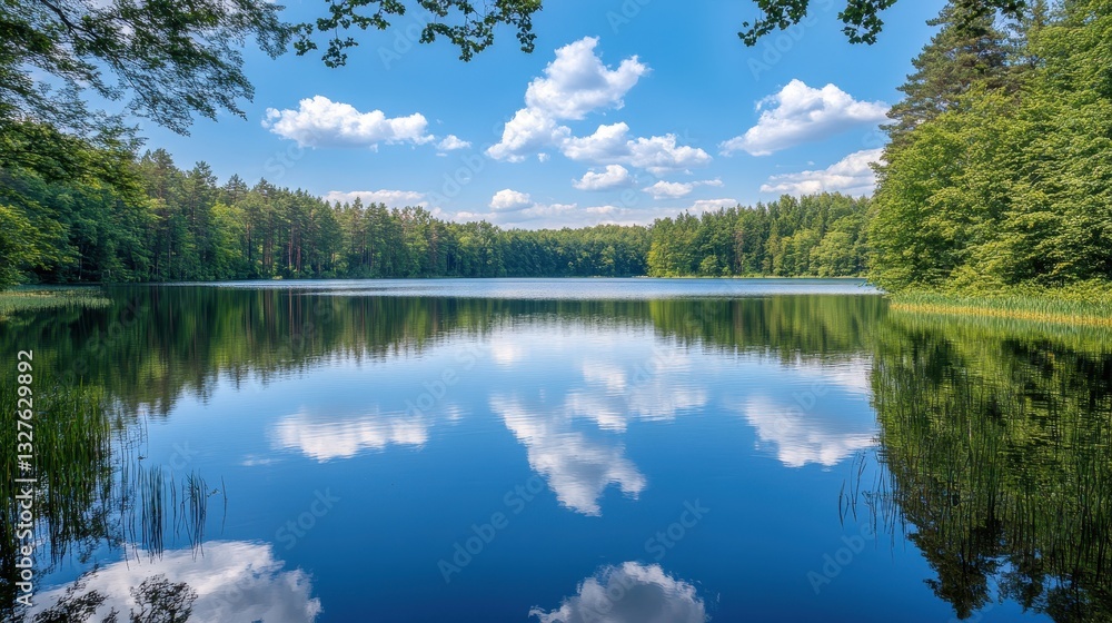 Fototapeta premium Of a Peaceful lake surrounded by dense summer foliage, reflecting the blue sky and white clouds