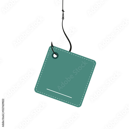 A square tag hangs on a fishing hook