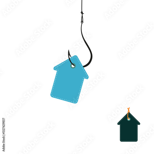 A tag in the shape of a house hangs on a fishing hook