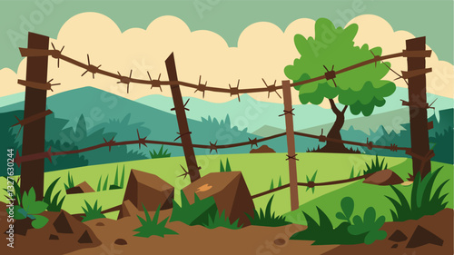 The rusting barbed wire fence that once kept the farm animals contained is now broken and overgrown unable to fulfill its purpose without the presence of cattle.. Vector illustration
