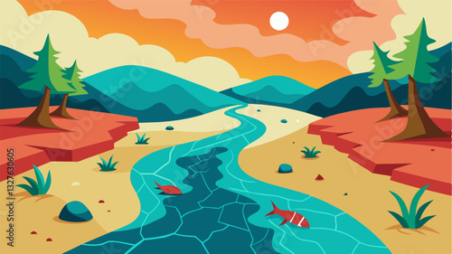 The riverbed cracked and lifeless stands in stark contrast to the vibrant greenery that once flourished along its banks. The dead fish their bodies twisted in unnatural positions. Vector illustration