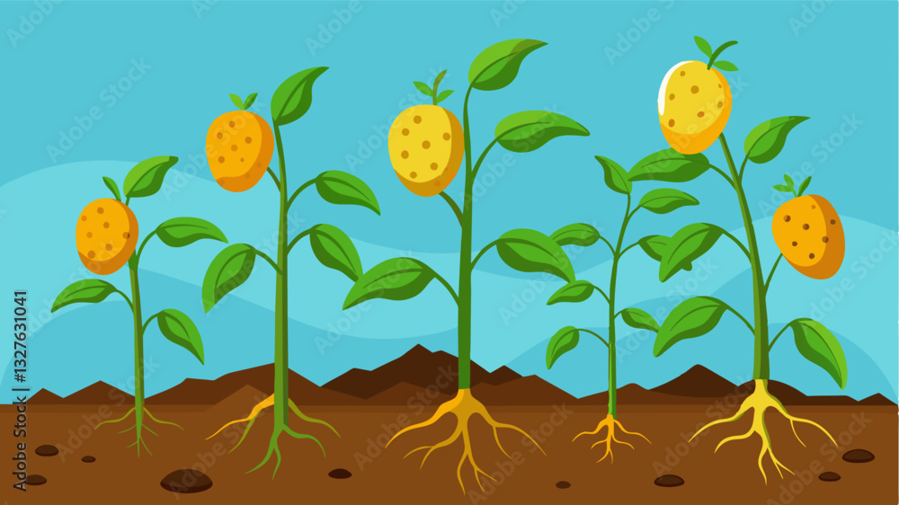 The potato plants usually a bountiful source of starchy tubers were now wilted and yellowed their yields meager.. Vector illustration The potato plants usually a bountiful source of starchy tubers were now wilted and yellowed their yields meager.. Vector illustration