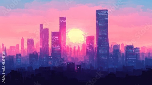 Wallpaper Mural Cityscape Sunset Digital Art Pink Purple Hues Torontodigital.ca