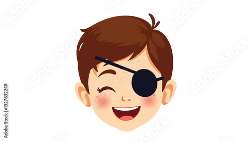 Smiling boy with eyepatch showing playful expression
