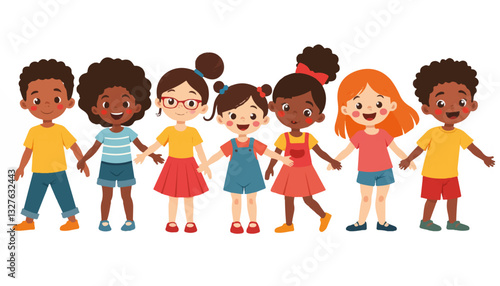 Group of cheerful children holding hands in colorful outfits