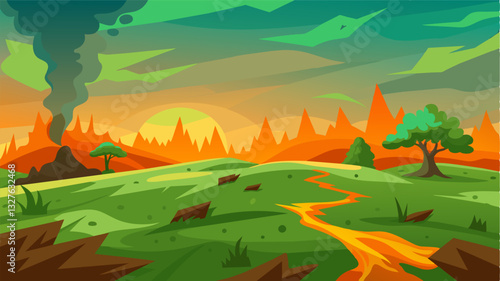 The scorched earth contrasted sharply with the lush green fields in the distance a sad reminder of what could have been.. Vector illustration