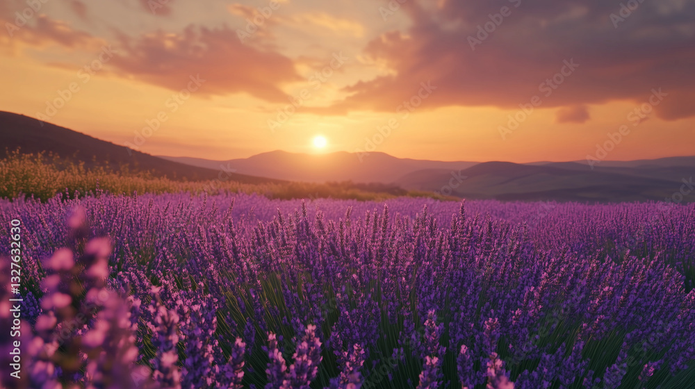 Fototapeta premium Stunning lavender field at sunset with rolling hills in the background