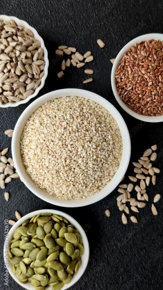 White sesame seeds in a bowl, an ingredient for making vegan or vegetarian food. Tasty and healthy food White sesame seeds in a bowl, an ingredient for making vegan or vegetarian food. Tasty and healthy food