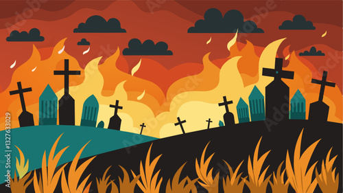 The once vibrant and bustling field now resembled a graveyard the burnt crops serving as tombstones for the farmers hopes and dreams.. Vector illustration