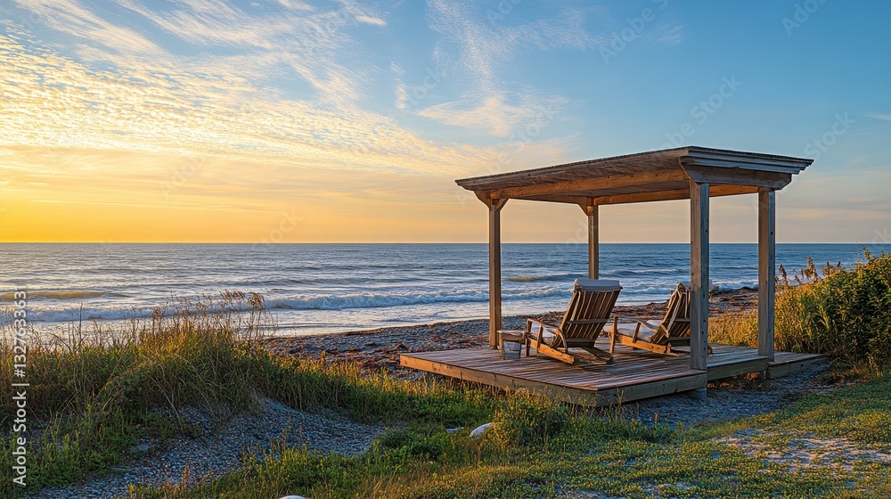 Of a Peaceful coastal retreat with a beachside cabana and lounge chairs facing the ocean Of a Peaceful coastal retreat with a beachside cabana and lounge chairs facing the ocean