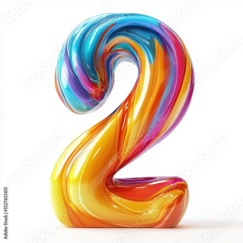 Number 2 with a fluid multicolor swirling effect, isolated on a pure white background