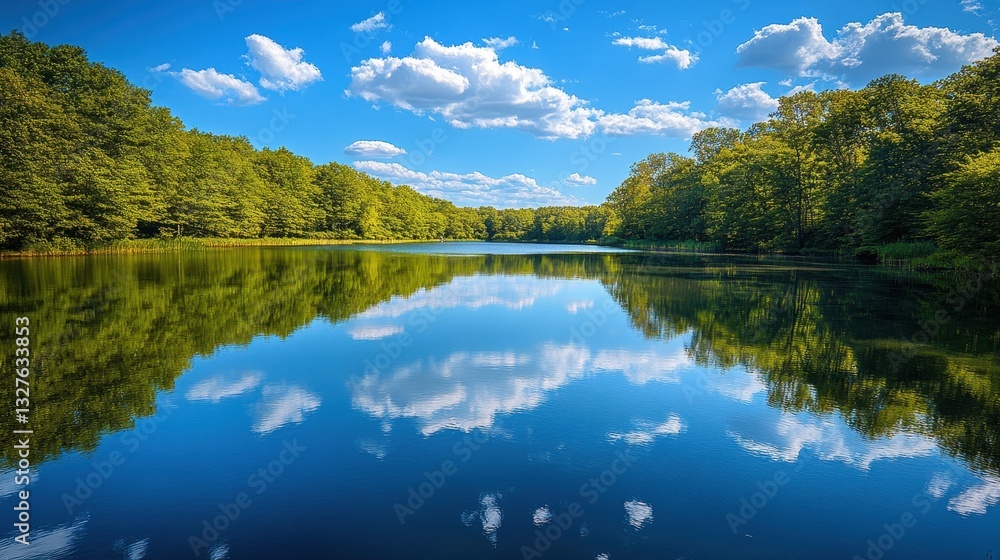 Of a Peaceful lake surrounded by dense summer foliage, reflecting the blue sky and white clouds Of a Peaceful lake surrounded by dense summer foliage, reflecting the blue sky and white clouds