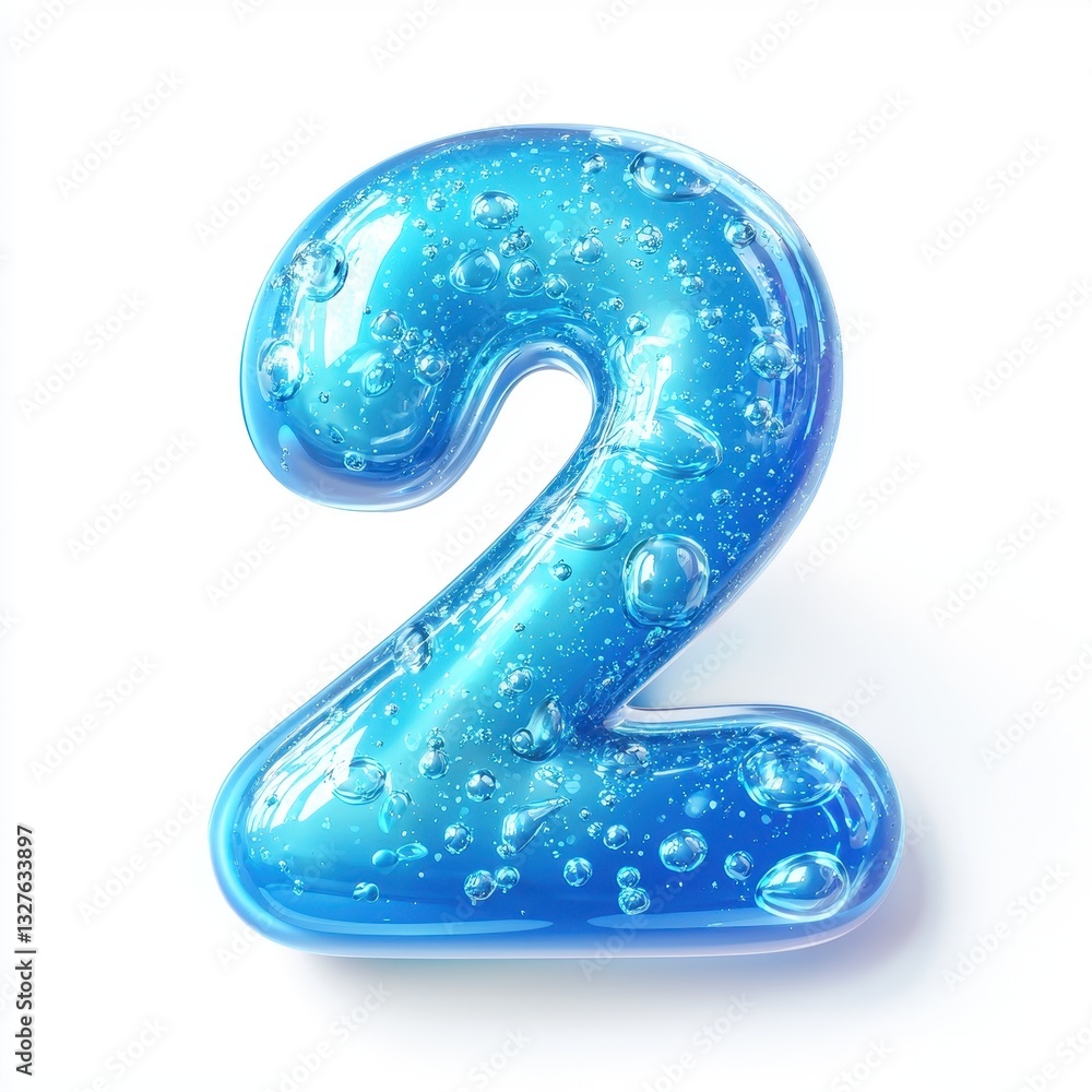 Number 2 with a luminous blue jelly texture with bubbles, isolated on a pure white background Number 2 with a luminous blue jelly texture with bubbles, isolated on a pure white background
