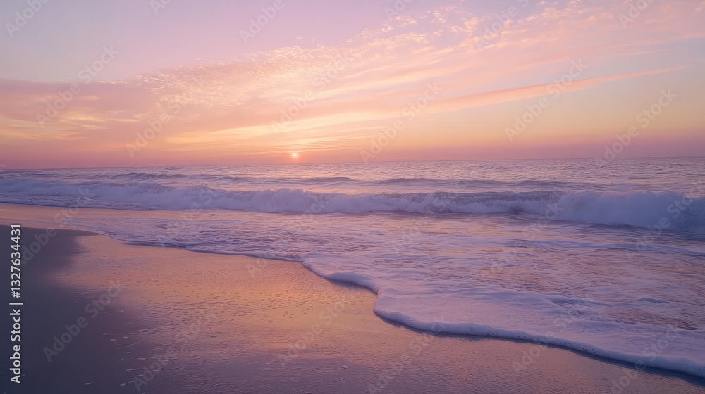 Of a Serene beach sunset with gentle ocean waves and soft pink, orange, and purple hues in the sky Of a Serene beach sunset with gentle ocean waves and soft pink, orange, and purple hues in the sky