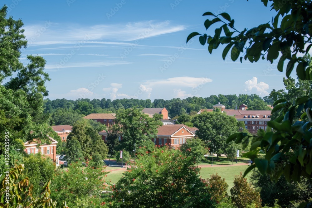 Fototapeta premium A view of a college campus with lush greenery and brick buildings on a sunny day, A view of the campus from afar