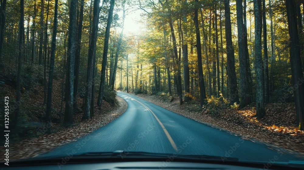 Obraz premium Driving down a scenic road through the sunlit autumn forest