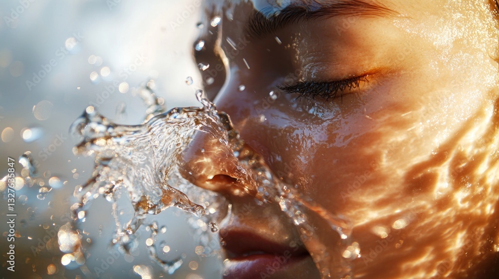 Fototapeta premium Water Splashing a Young Womans Face in Sunlight