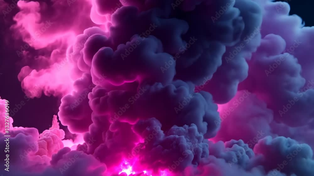 Bright pink and purple smoke billowing into the night sky from a vibrant explosion over a dark landscape Bright pink and purple smoke billowing into the night sky from a vibrant explosion over a dark landscape