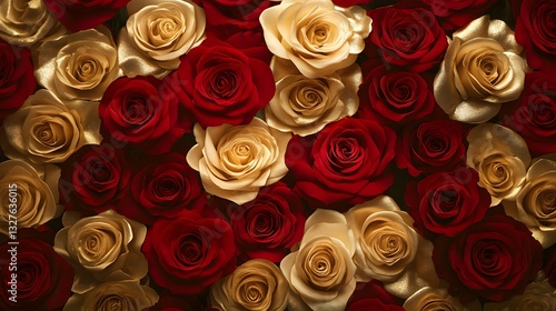 Fototapeta Naklejka Na Ścianę i Meble -  Combination of gold and red roses covering the frame, opulent and rich tones