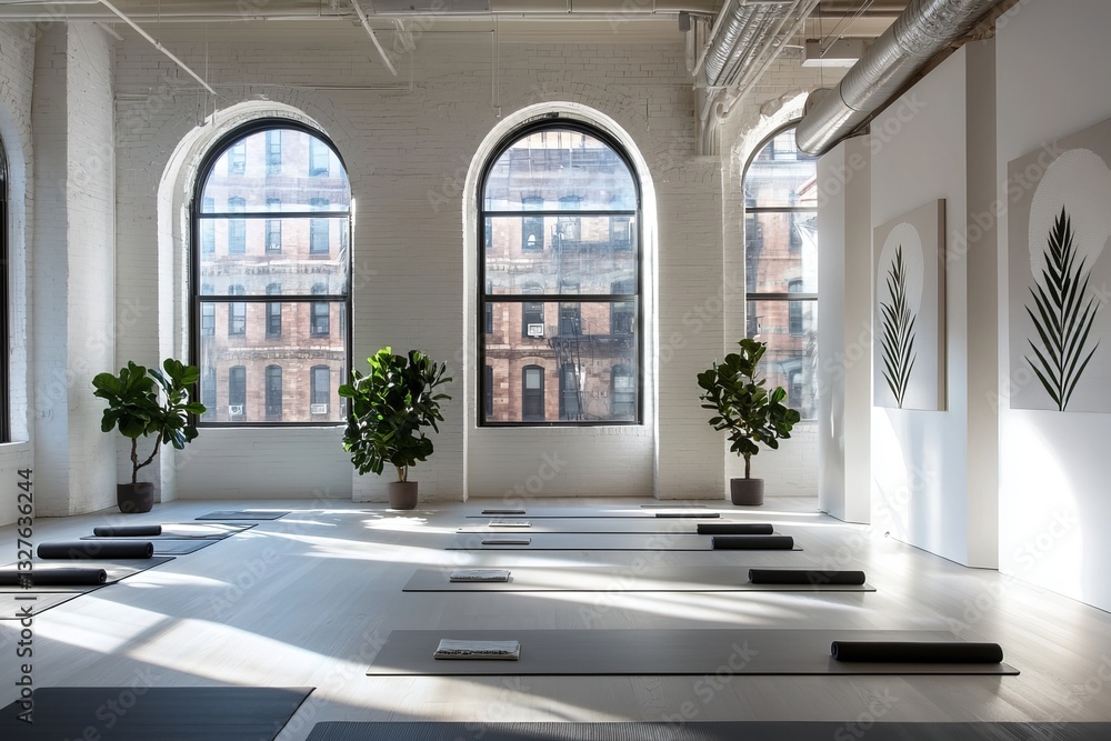Fototapeta premium A bright and stylish yoga studio gym with a brick wall, window, and city view, created using 3D rendering