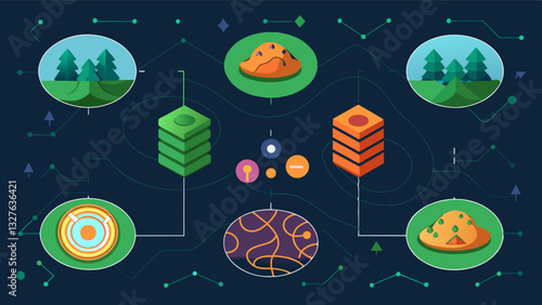 The AI program can create different rotation plans for different fields taking into account variations in soil type and topography.. Vector illustration