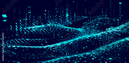 Digital vector illustration of grid of blue squares on a dark background. Arrangement of squares creates a dynamic, flowing pattern that resembles data or pixels in a modern, tech-inspired design.