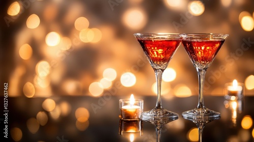 Wallpaper Mural Of a Romantic cocktail arrangement with two elegant glasses clinking together, candle-lit reflections on a glass table Torontodigital.ca