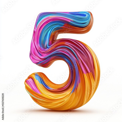 Number 5 with a colorful, whirling swirl texture, isolated on a pure white background