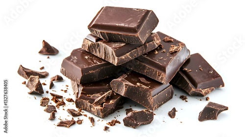 Broken chocolate blocks stack pile with sauce