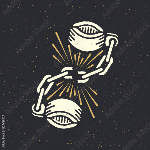 Broken shackles with rays. Traditional tattoo flash. Vector illustration on grunge texture background.