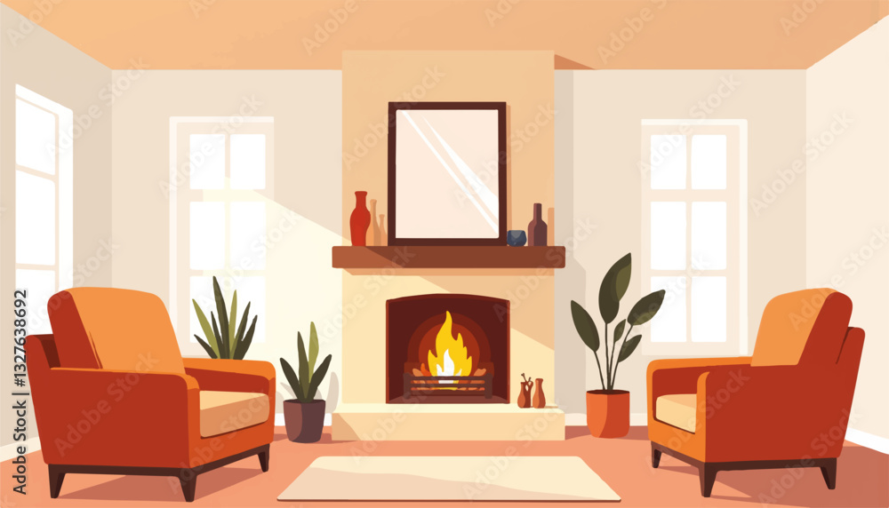 Cozy living room with orange chairs and a fireplace Cozy living room with orange chairs and a fireplace