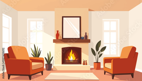 Cozy living room with orange chairs and a fireplace