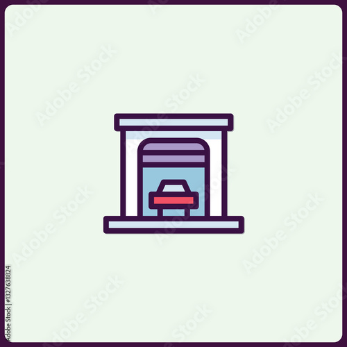 A minimalist cartoon illustration of a car parked inside a garage door