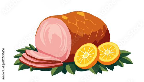 Sliced ham with lemon garnish on green leaves