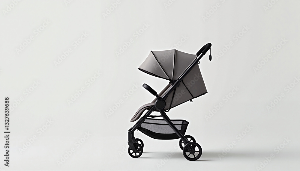 Lightweight travel stroller with compact fold on a light background Lightweight travel stroller with compact fold on a light background