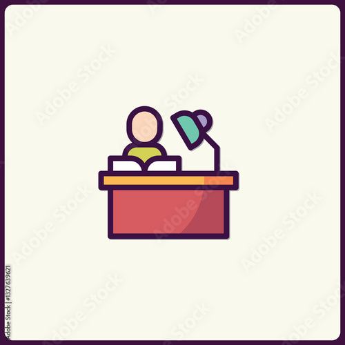 Colorful desk icon depicting person studying or teaching with a lamp object