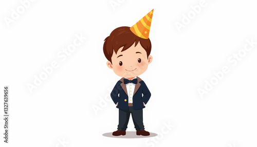 Cheerful boy in party hat wearing formal attire