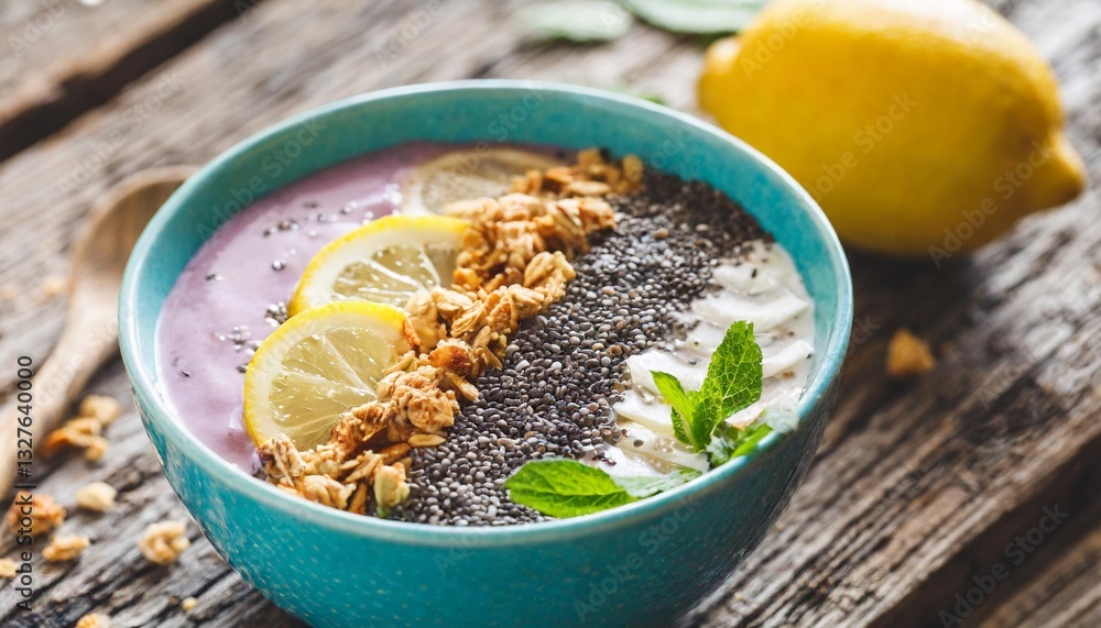 Lemon Smoothie Bowl with Chia Seeds and Granola – Superfood Breakfast on Weathered Wooden Board Lemon Smoothie Bowl with Chia Seeds and Granola – Superfood Breakfast on Weathered Wooden Board
