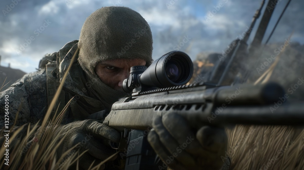 Obraz premium Camouflaged Soldier Aiming Sniper Rifle In Battlefield