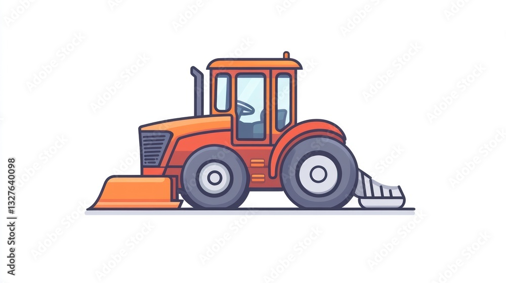 Orange Tractor with Snow Plow and Scraper Attachment for Agricultural and Construction Use Orange Tractor with Snow Plow and Scraper Attachment for Agricultural and Construction Use