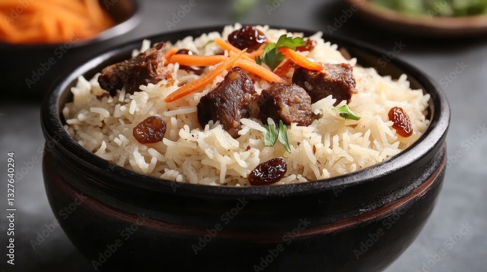 Delicious kabuli pulao featuring tender lamb, raisins, and julienned carrots served on fragrant rice in traditional Afghan style Delicious kabuli pulao featuring tender lamb, raisins, and julienned carrots served on fragrant rice in traditional Afghan style