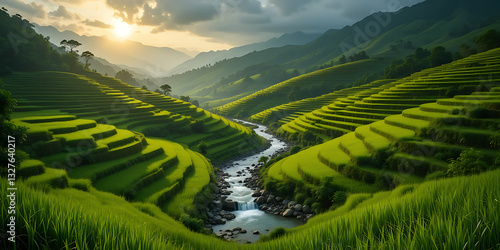 A breathtaking landscape of lush green terraced rice fields stretching across rolling hills. A gentle river flows through the valley, with small waterfalls adding to the serene beauty. 