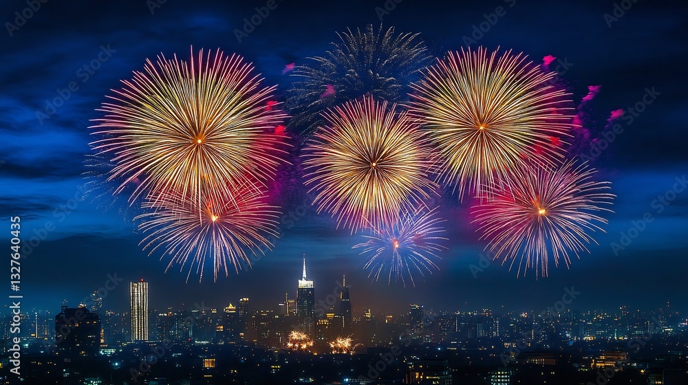 New Years Eve fireworks breathtaking skyline view with vibrant fireworks lighting up the night sky city lights glowing below New Years Eve fireworks breathtaking skyline view with vibrant fireworks lighting up the night sky city lights glowing below