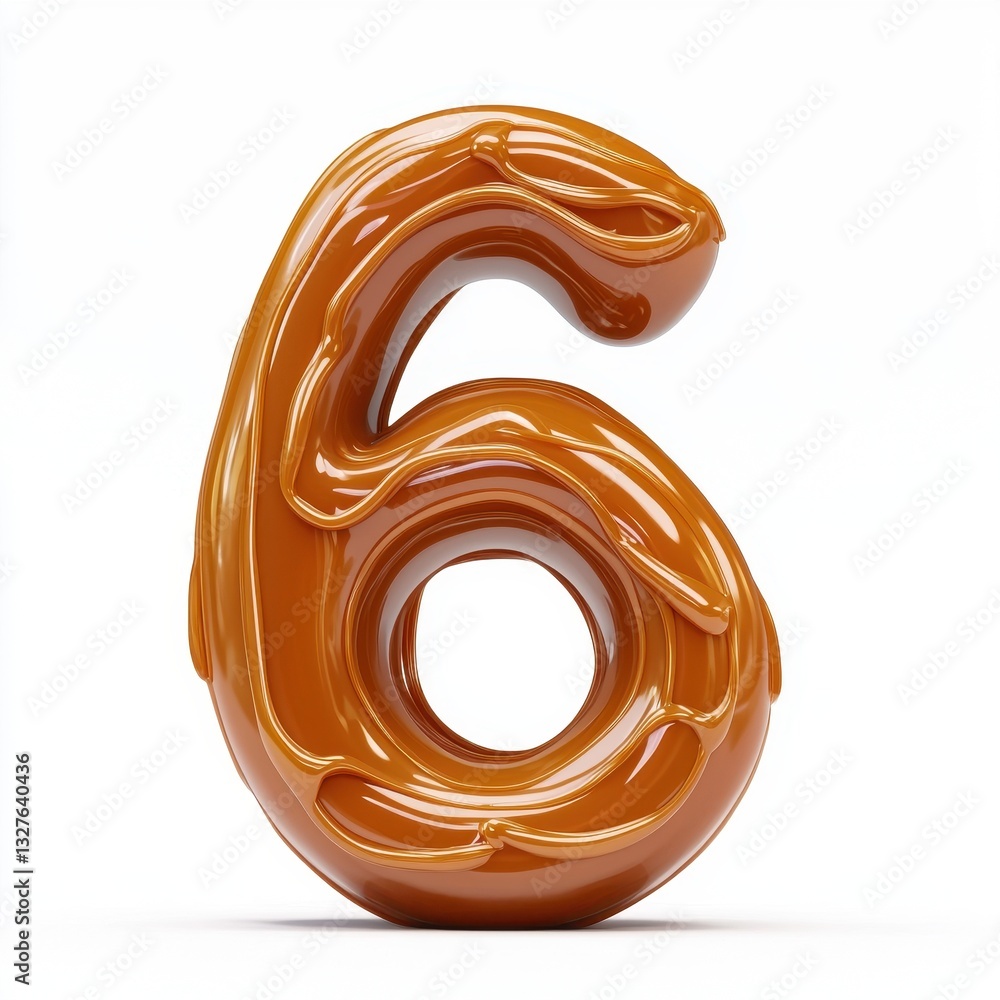 Number 6 with a chewy caramel texture, isolated on a pure white background Number 6 with a chewy caramel texture, isolated on a pure white background