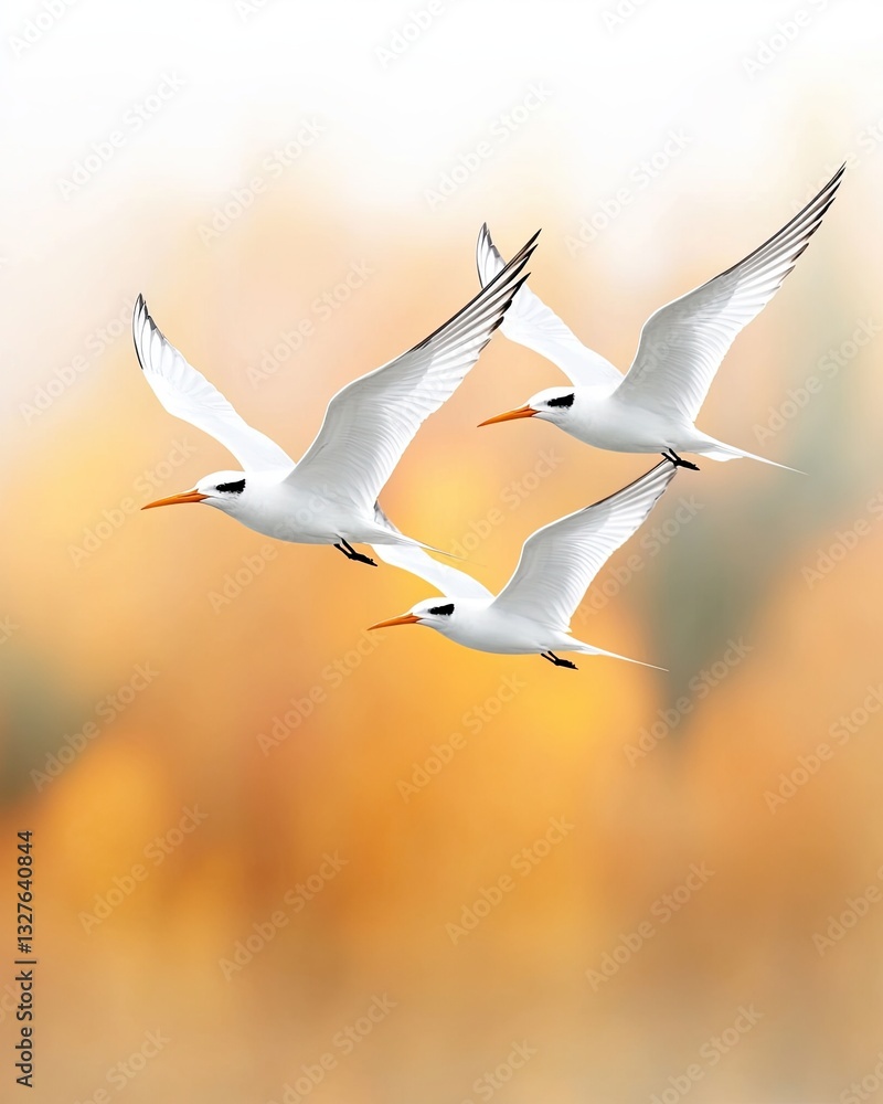 Obraz premium Migratory Patterns of Large-Billed Terns Across Seasonal Landscapes visualized as a realistic photo of terns flying in a perfect V-formation over a misty autumn landscape, V-Formation Flights.