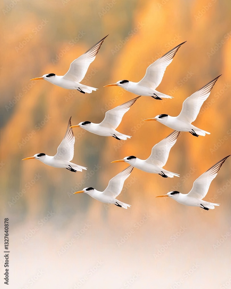 Fototapeta premium Migratory Patterns of Large-Billed Terns Across Seasonal Landscapes visualized as a realistic photo of terns flying in a perfect V-formation over a misty autumn landscape, V-Formation Flights.