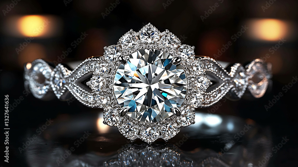 A close-up of a diamond ring with intricate details and a sparkling center stone A close-up of a diamond ring with intricate details and a sparkling center stone